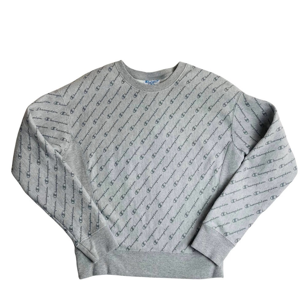 🍀 Champion Women’s Small Gray Reverse Weave All Over Logo Crewneck Sweatshirt